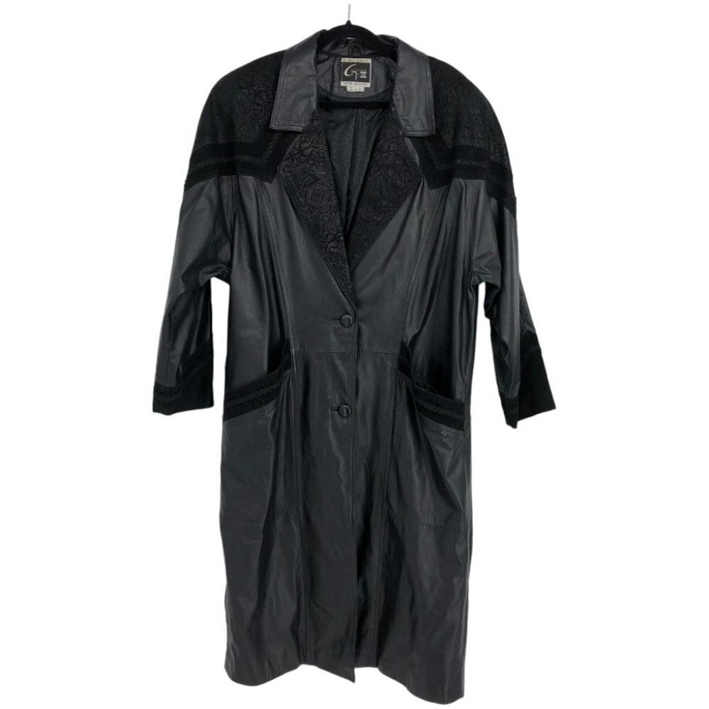 G-III Vintage Black  1980s Leather w/ Paisley Suede Trim Trench Coat LG